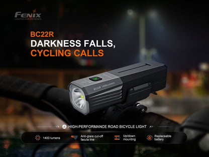 Fenix BC22R bicycle light on a blurred background with text highlighting features.