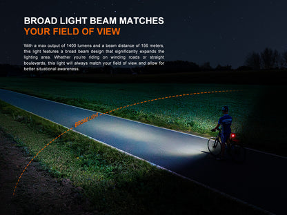 Bicycle rider on a road with a wide light beam illuminating the path at night.