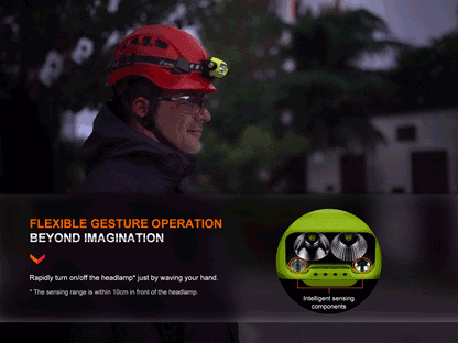 Man in a helmet presenting Fenix WH23R Headlamp flexible gesture operation feature.
