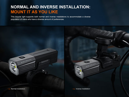 Fenix BC22R Bike Light with normal and inverse installation instructions on a dark background