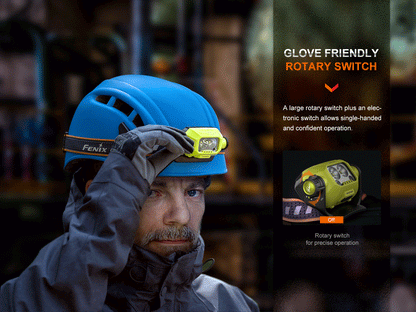 Man in a helmet wearing Fenix WH23R Headlamp 