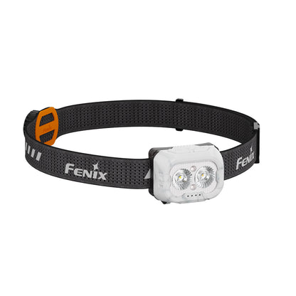 White Fenix HL18R-T V2 Headlamp with black headband on a white background
