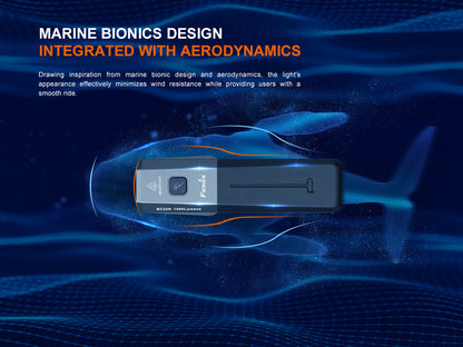 Fenix BC22R Bike Light inspired by marine bionics design with text on a blue background