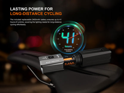 Fenix BC22R Bike Light with digital display and battery indicator on a dark background