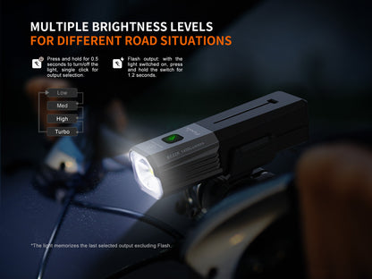 Fenix BC22R Bike Light with brightness level instructions.