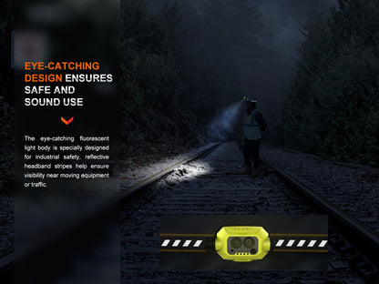 Man standing on the snowy train tracks in the darkness wearing Fenix WH23R Headlamp 
