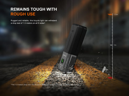 Fenix BC22R Bike Light durability test on a road with text about its toughness.