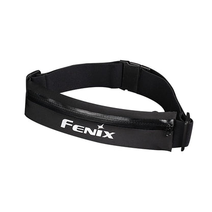 A black Fenix waist pack with adjustable strap and reflective logo.
