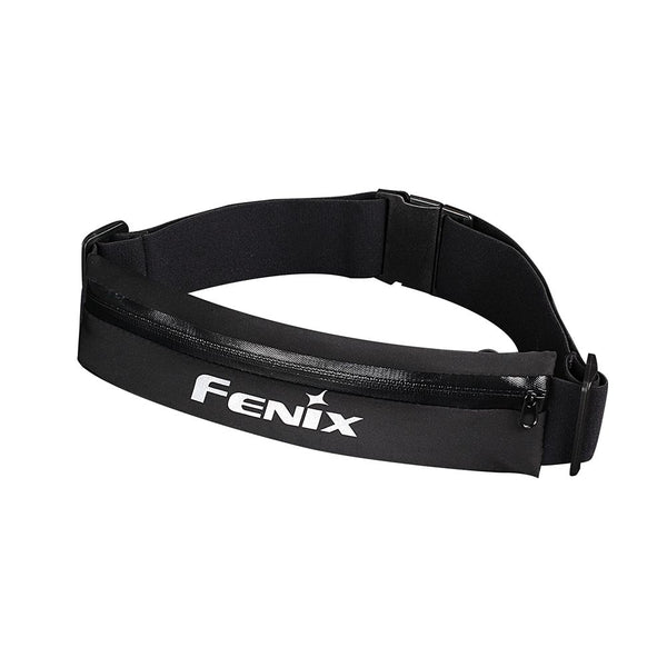 A black Fenix waist pack with adjustable strap and reflective logo.