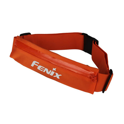 A red Fenix waist pack with adjustable strap and reflective logo.