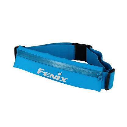 A blue Fenix waist pack with adjustable strap and reflective logo.
