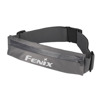 A grey Fenix waist pack with adjustable strap and reflective logo.