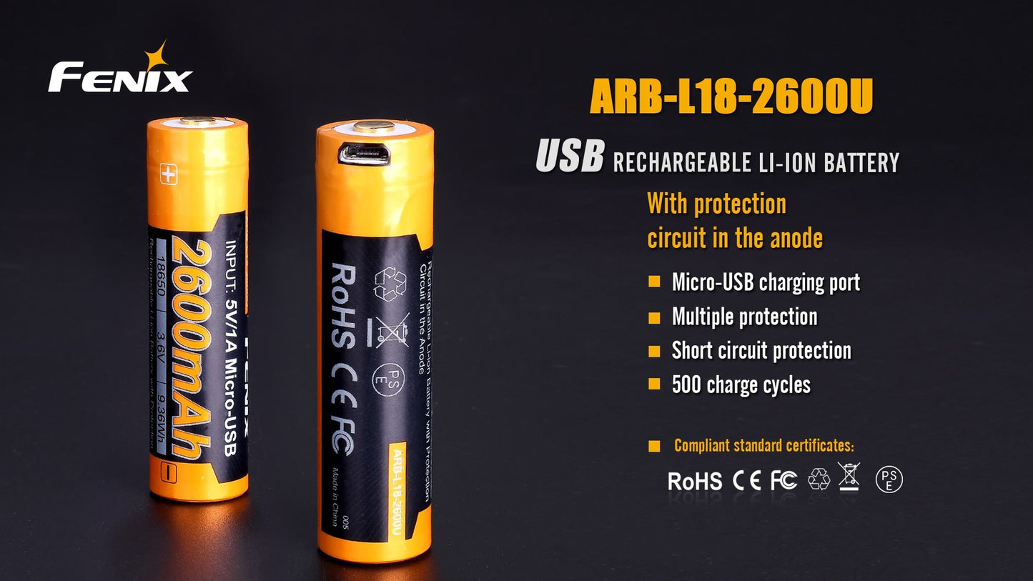 Rechargeable Battery 18650 2600mAh USB