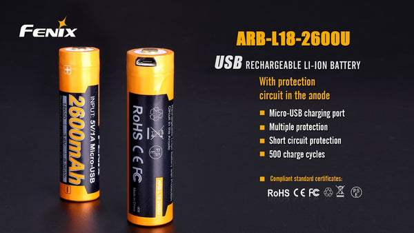 Two Fenix ARB-L18-2600U rechargeable batteries on a dark background with product details.