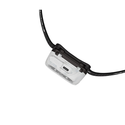 White Fenix HL18R-T V2 Headlamp with black strap and USB C charging port on a white background