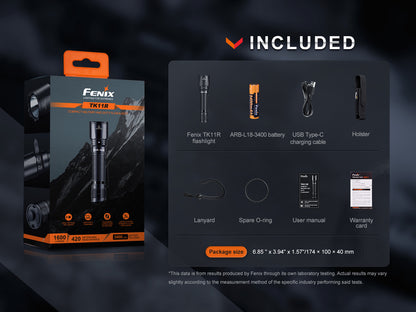 Fenix TK11R flashlight packaging with included items on a dark background