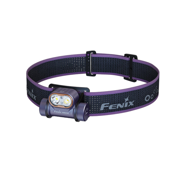Dark purple Fenix HM55R Headlamp with purple headband on a white background