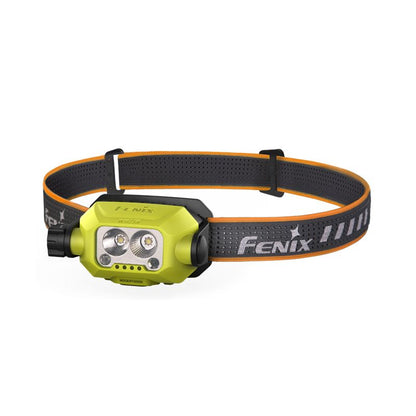 A green Fenix WH23R headlamp with LED lights, displayed on a white background.