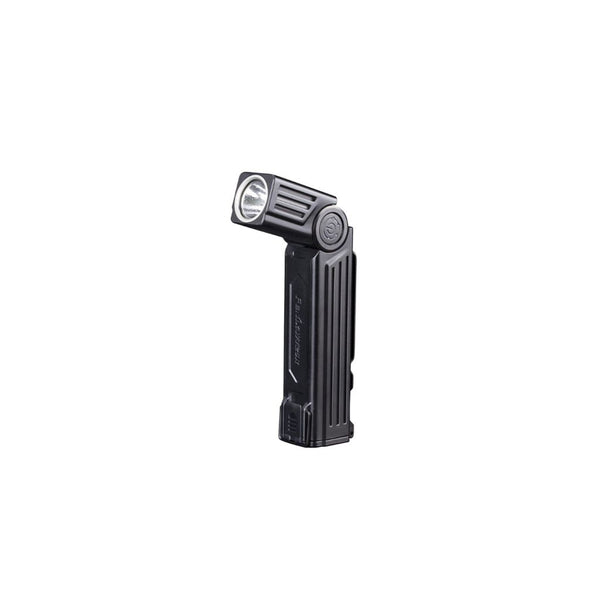 A black Fenix WT25R adjustable head flashlight with a silver accents, showing the side button and LED lights.