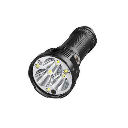 A black tactical LED Fenix LR50R V2.0 Flashlight with a textured grip and a silver reflective lens system, shown at an angle on a solid white background.