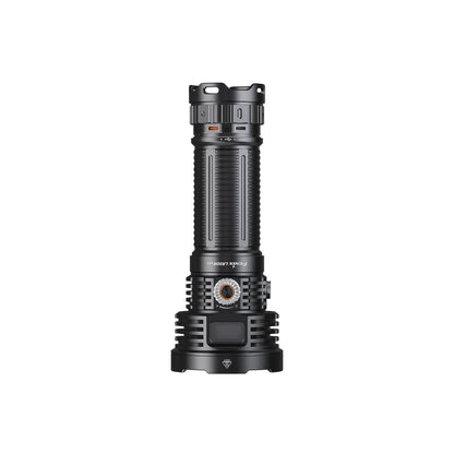 A black tactical Fenix LR50R V2.0 Flashlight with a textured grip and metallic accents, shown vertically against a solid white background.