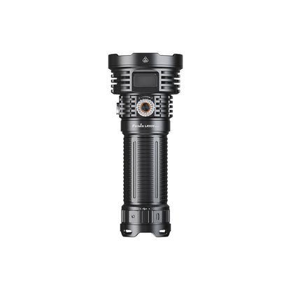 A black tactical Fenix LR50R V2.0 Flashlight with a textured grip and a circular bezel detail, shown vertically against a solid white background.