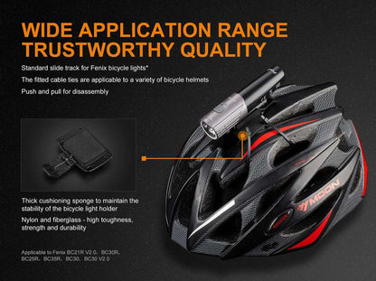 Black bike light helmet mount with a quick-release buckle and thick cushioning attached to a cycling helmet on a dark background with text about product features. 