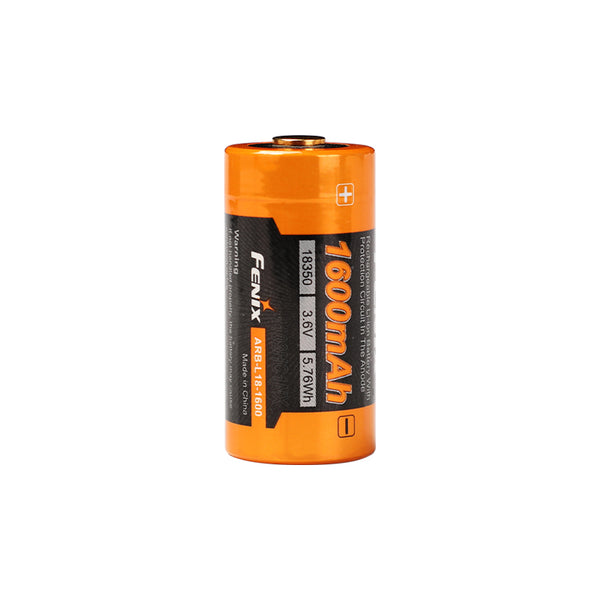 Fenix battery with orange casing and black label on a white background