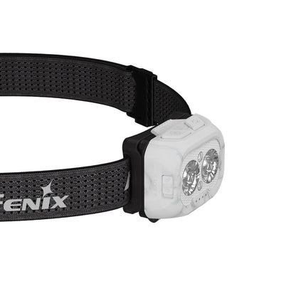 White Fenix HL18R-T V2 Headlamp with black strap side view on a white background