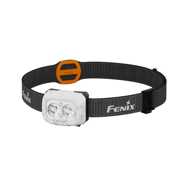 White Fenix HL18R-T V2 Headlamp with a black headband on a white background
