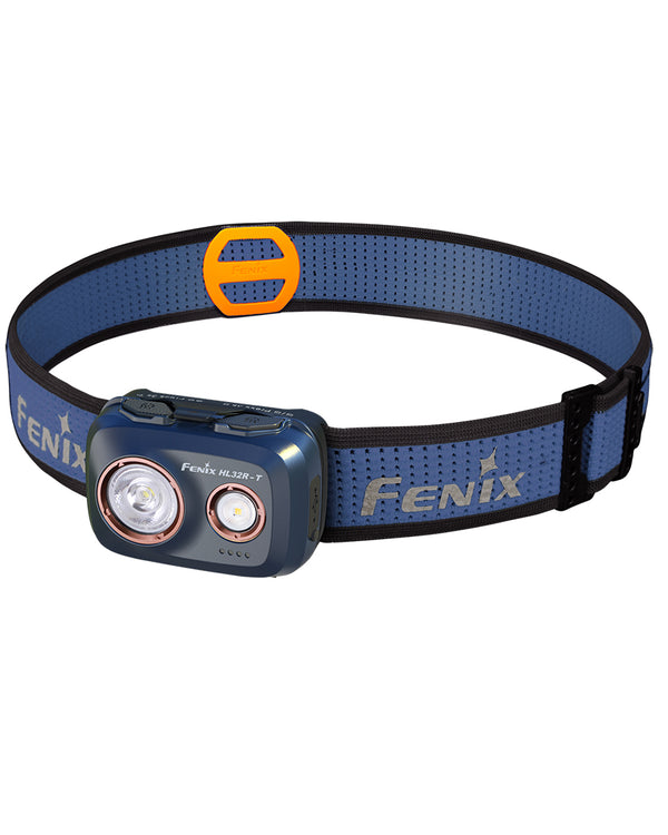 Fenix HL32R-T Headlamp with a blue perforated headband, black adjustable strap, and an orange buckle, shown against a plain white background.