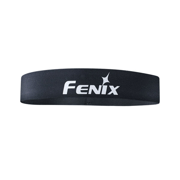 A black Fenix sports headband with a logo in white.