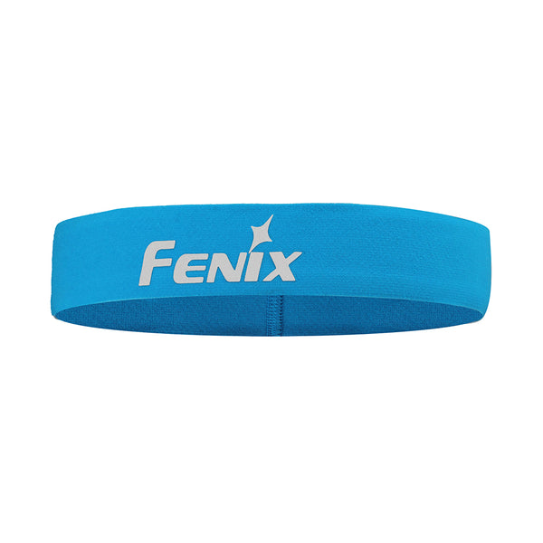 A blue Fenix sports headband with a logo in white.