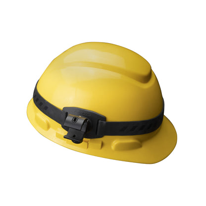  ALD-05 Helmet Flashlight Holder attached to a yellow helmet on a white background. 
