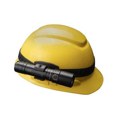  ALD-05 Helmet Flashlight Holder attached to a yellow helmet with a flashlight on a white background. 