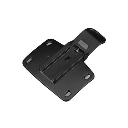 Black bike light helmet mount with a quick-release buckle bottom view. 