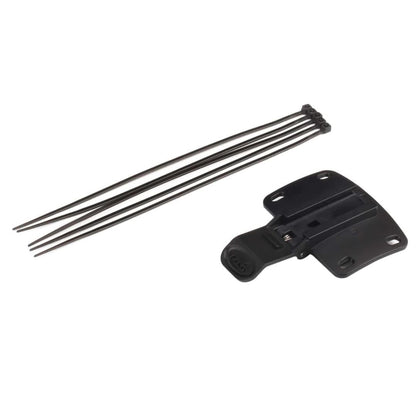 Black bike light helmet mount with a quick-release buckle and thick cushioning with attachment zip ties. 