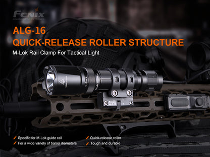 Fenix tactical light with M-Lok rail clamp on a dark background