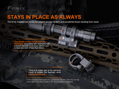 Fenix flashlight rail clamp on a dark background with product details.