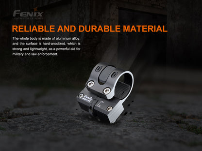 Fenix light attachment on a dark background with text about material reliability.