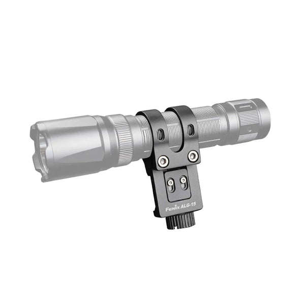 Fenix ALG-15 Rail Mount with attached flashlight on white background. 