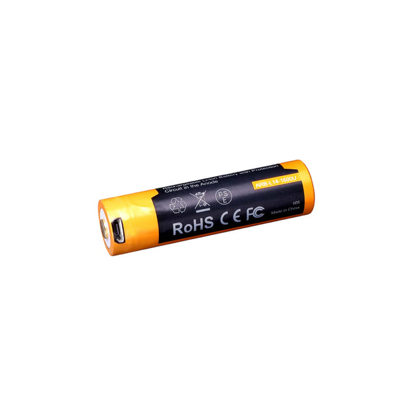 A rechargeable 1600mAh USB 1.5V battery with a yellow label and micro-USB input port.