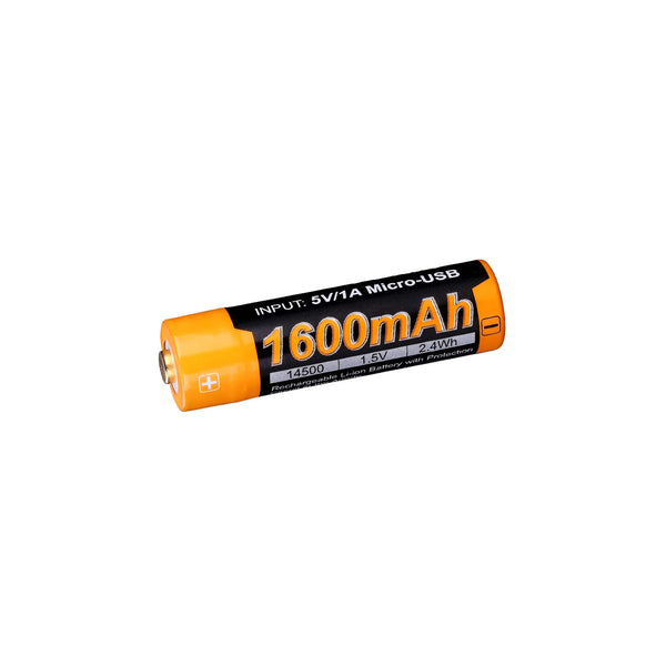 A rechargeable 1600mAh USB 1.5V battery with a yellow label and micro-USB input port.