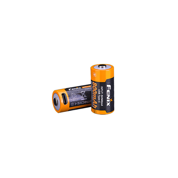 Two Fenix batteries with 800mAh capacity on a white background
