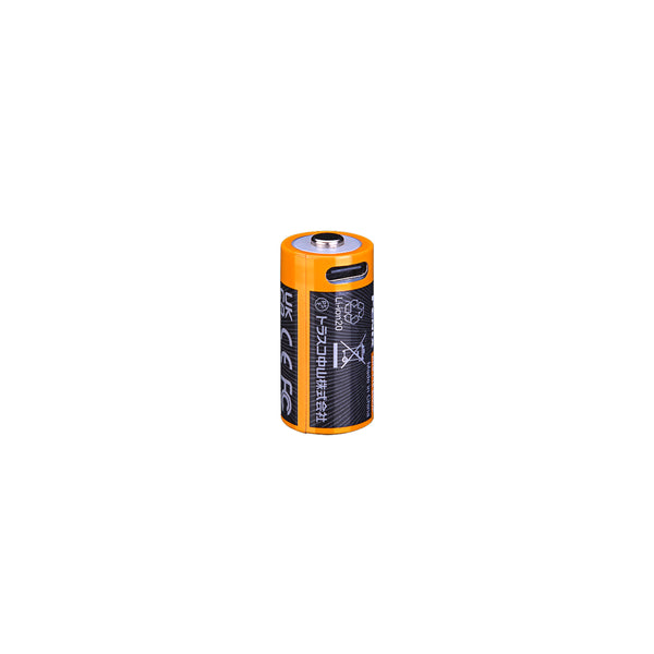 Battery with orange casing and black label the USB charging port on a white background
