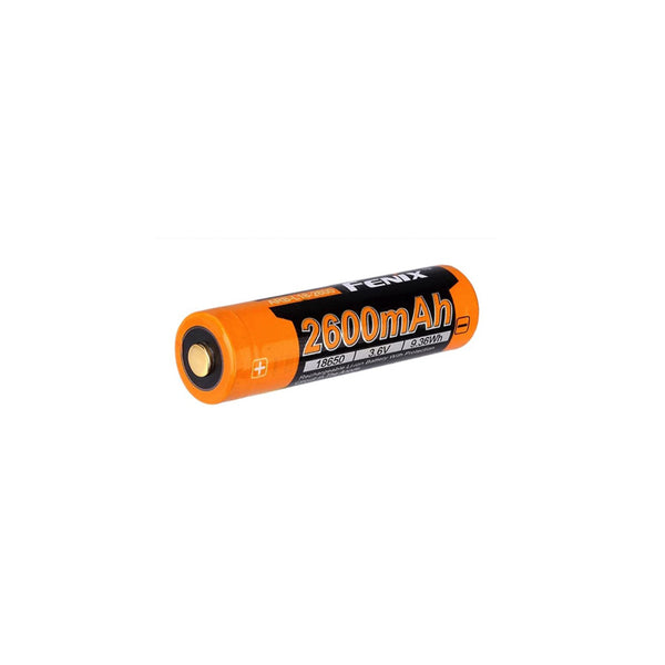 Battery with orange casing and black label on a white background