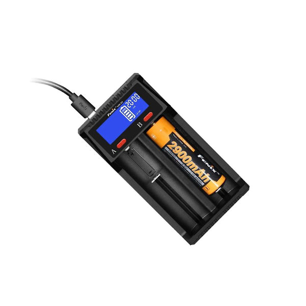 A dual-channel smart charger with a blue LCD screen, displaying the charging status of a battery. The charger is designed to be compatible with various rechargeable batteries and includes a micro USB charging port.