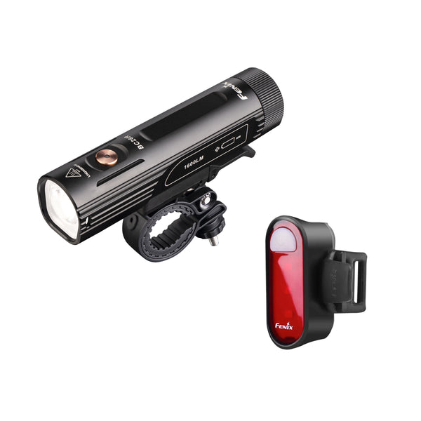 A black Fenix BC26R rechargeable bike light with a floodlight beam and a quick-release bike mount, alongside a red Fenix BC05R bike taillight with a Type-C charging cable.