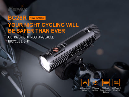 Fenix BC26R bicycle light on a dark background with promotional text.