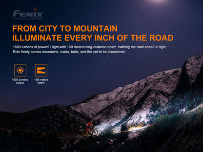 Mountain bike rider on a trail at night with illuminated path, featuring Fenix BC26R Bike Light advertisement.